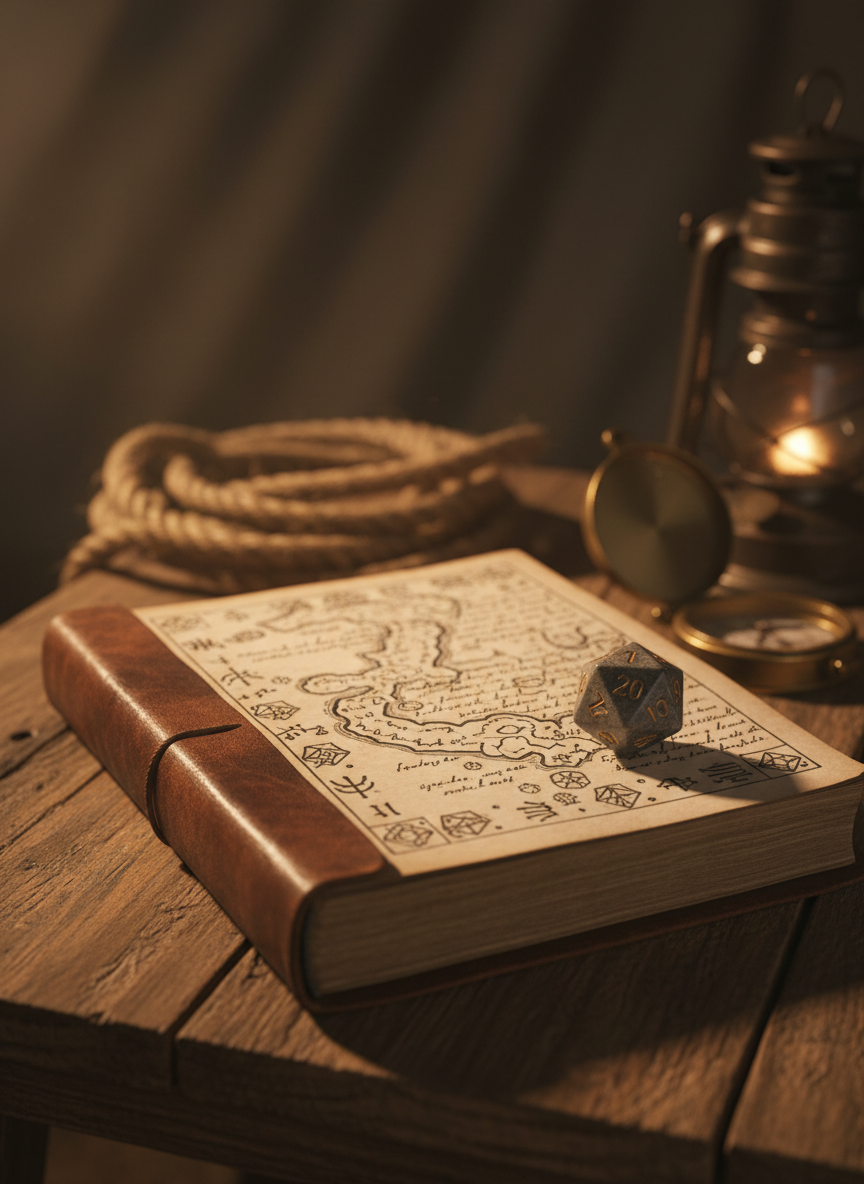 A weathered leather-bound journal half-open on a rough-hewn wooden table, its pages crowded with tiny ink notes, hastily sketched dungeon maps, and margin symbols resembling arcane dice. Beside it lies a single twenty-sided die carved from dark stone, numbers etched in tarnished gold, stopped on the edge between 1 and 20. The scene sits in a dimly lit camp tent; blurred in the background are coiled rope, a brass compass, and a hooded lantern. Moody, directional firelight from the left throws deep shadows and a warm, flickering glow across the journal’s texture. Photographic realism with a cinematic, eye-level composition and shallow depth of field creates a tense, contemplative atmosphere of risk and decision just before the roll.
