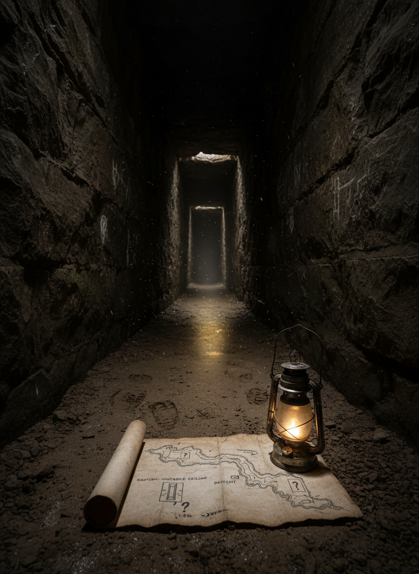 A narrow stone passage deep underground, photographed as if part of a natural history expedition. The camera faces down the corridor at eye level, where the rough, damp walls converge toward blackness. On the floor in the foreground rests a half-unrolled canvas map annotated with small, precise ink script: warnings, question marks, elevation notes. Beside it lies a metal lantern, its glass smudged, casting a harsh, directional beam that vanishes into dust and darkness. Tiny motes drift in the air, caught in the light. The photographic realism highlights slick rock textures, worn footprints, and faint chalk markings on the walls. The composition uses strong leading lines and deep shadows, building a claustrophobic, dangerous mood of exploration where every step is a meaningful, risky choice.