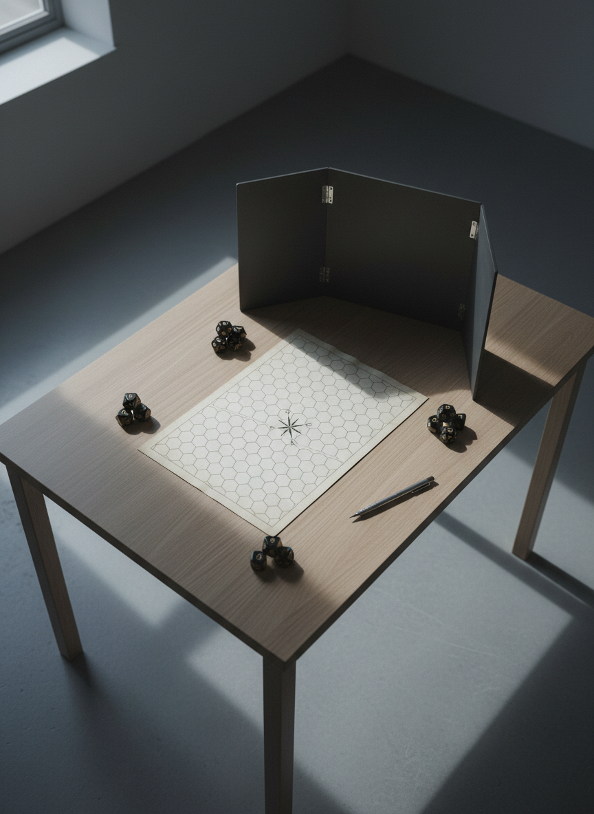 An overhead view of a minimalist wooden tabletop prepared for a tabletop RPG session, but strangely absent of players. At the center lies a pristine blank hex map, its pale parchment surface unmarred except for a single inky compass rose. Scattered around are neatly stacked polyhedral dice of obsidian-black resin, a closed GM screen of matte charcoal board, and a solitary mechanical pencil aligned precisely. The room is dim, illuminated only by cool, diffused window light that falls diagonally, carving understated shadows and pools of soft gray. The photographic realism emphasizes clean lines and empty negative space, evoking a hushed, anticipatory mood as if the world is waiting to be born from exploration, danger, and the first uncertain notes in a field journal.