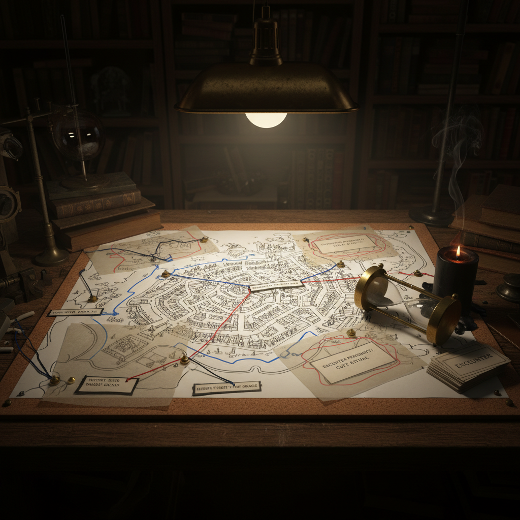 A cluttered workbench in a dim study, captured in photographic realism from a slightly elevated angle. At the center, a detailed hand-drawn city map is pinned to a corkboard surface, layered with translucent vellum overlays that show alternate street layouts and encounter possibilities. Colored string connects pushpins marking factions, rumors, and hidden threats. Nearby, a brass hourglass nearly run out, a slowly guttering black candle, and a small pile of unused encounter cards hint at time pressure and uncertainty. A single desk lamp with a narrow metal shade casts stark, focused light, leaving the edges of the room to dissolve into darkness. The overall composition emphasizes depth and asymmetry, evoking a dark, analytical mood of worldbuilding as methodical fieldwork in a dangerous urban environment.